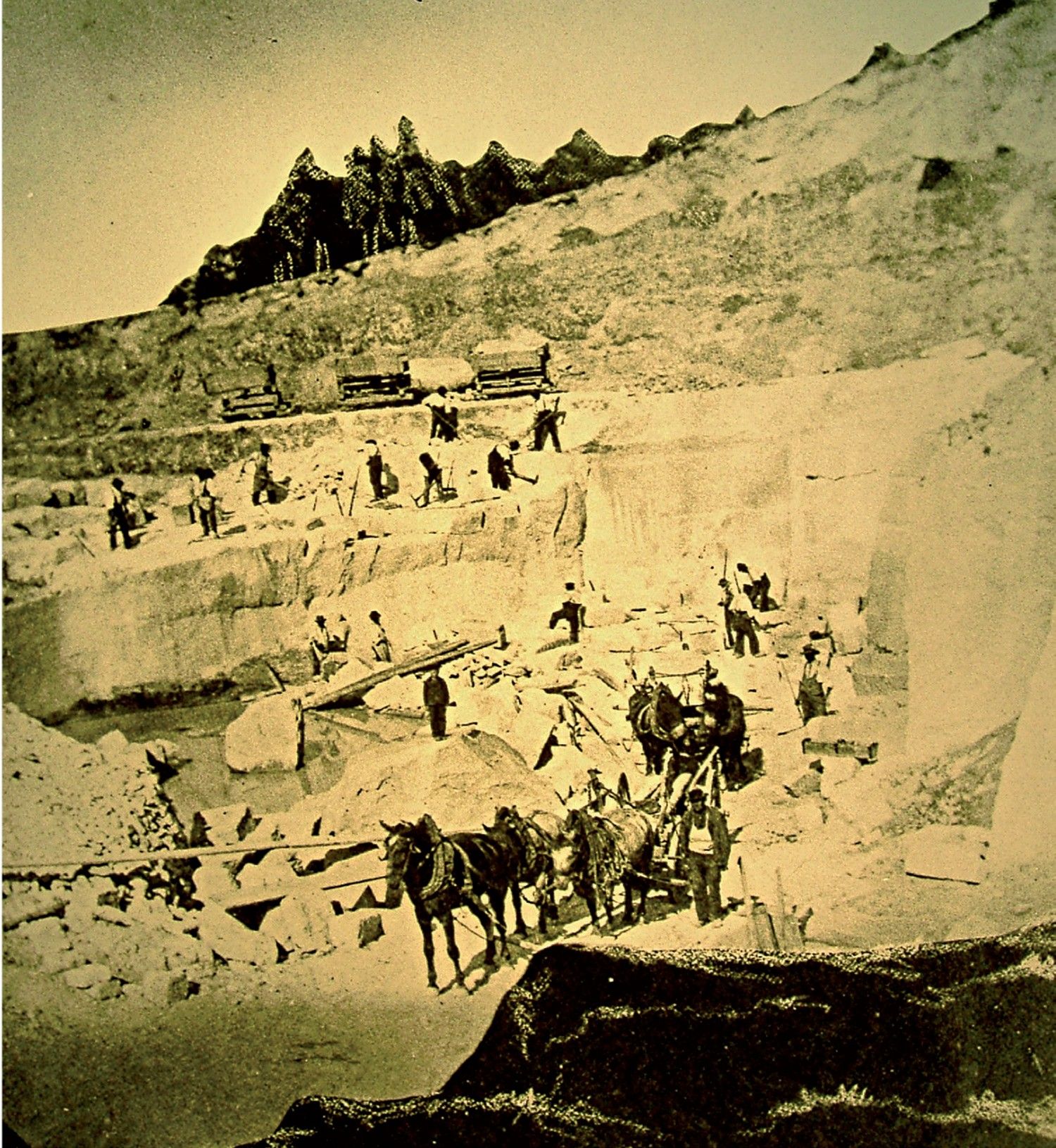 Sandsteinabbau Arbeiter und Pferdekutsche